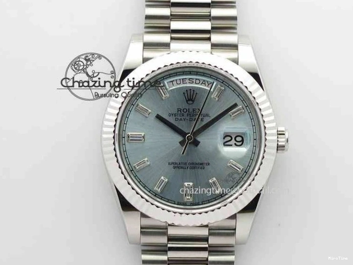 MiroTime 1227 Elegant Day Date 40mm SS BP Maker Best Edition Ice Blue Dial Diamond Markers On SS Bracelet ETA 3700